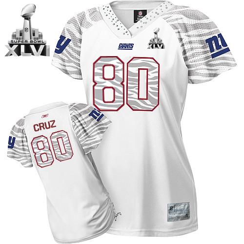 Giants #80 Victor Cruz White Women's Zebra Field Flirt Super Bowl XLVI Stitched NFL Jersey - Click Image to Close